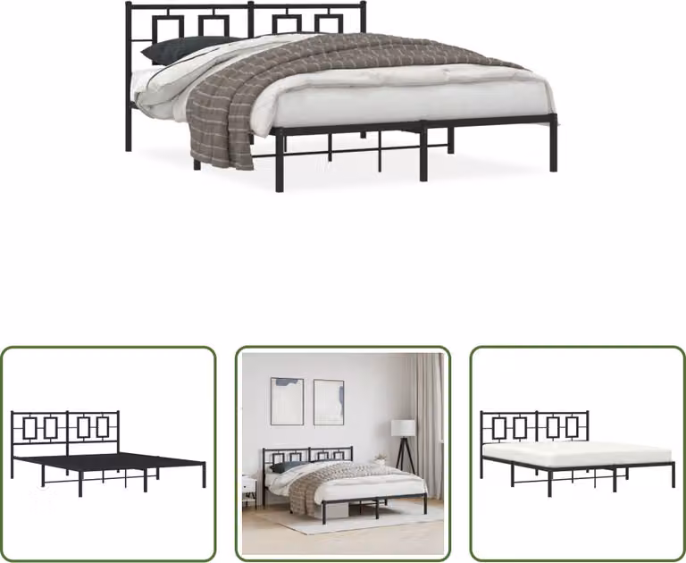 The Living Store Struttura letto con testiera in metallo nero 150x200 cm