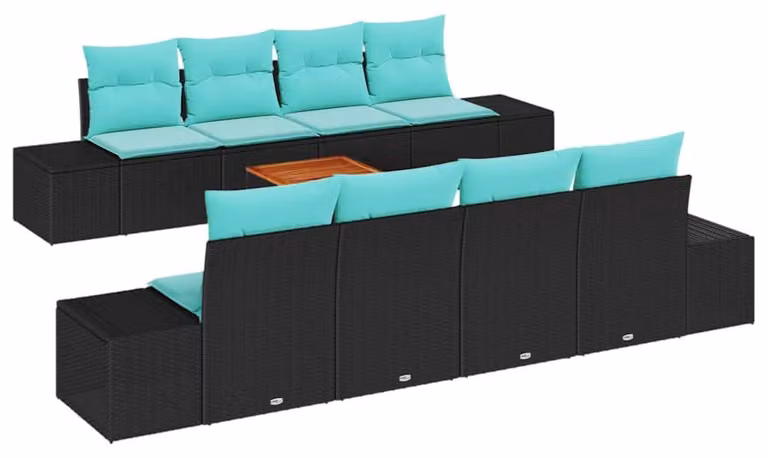 Set da giardino composto da 9 pezzi, colore nero, realizzato in rattan sintetico