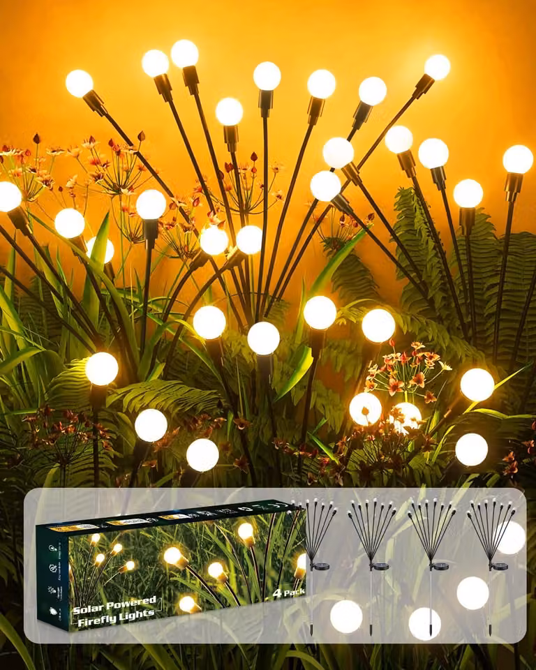 4 lampade a energia solare a forma di lucciole, con 8 LED, luce bianco caldo, impermeabili