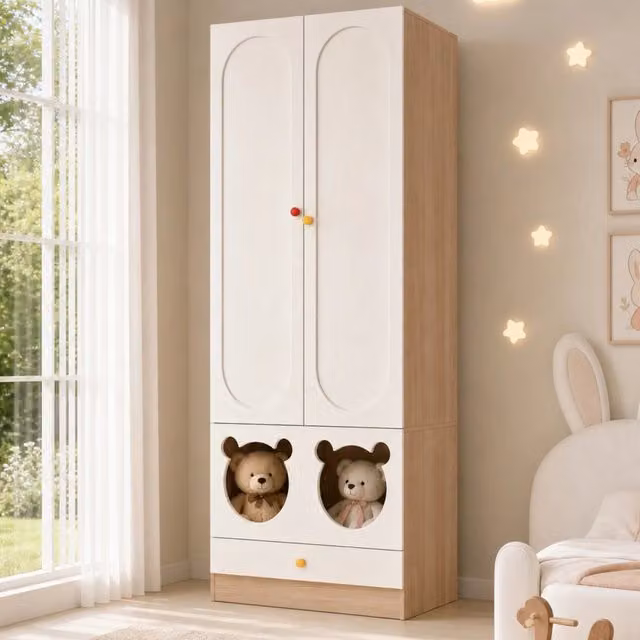 Armadio per bambini 2 ante con cassetti e appendiabiti design orsetto in MDF colore naturale e bianco