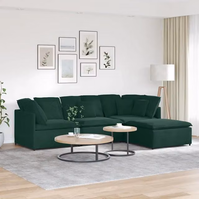 Divano Modulare con Poggiapiedi e Cuscini Velluto Verde Scuro 3321311