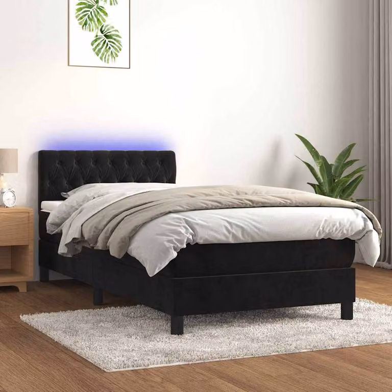 Letto a Molle con Materasso Ibrido vidaXL in Velluto Nero con Illuminazione LED e Porte USB L/P/H: 100 x 200 cm