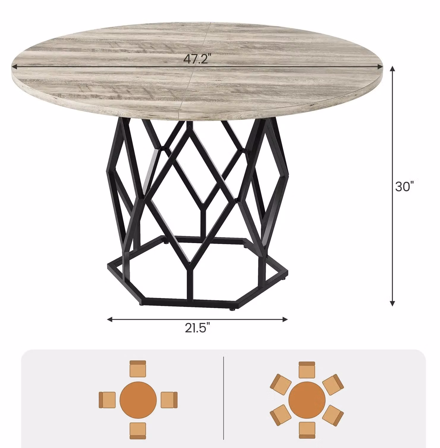 Tavolo rotondo da pranzo - Tavolo da pranzo - 120 cm - Per 4 persone - Struttura in metallo - Piano in pannello di classe P2 - Grigio chiaro