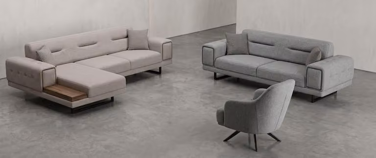 Divano angolare, poltrona, comodo, morbido, spazioso, elegante, color beige e grigio