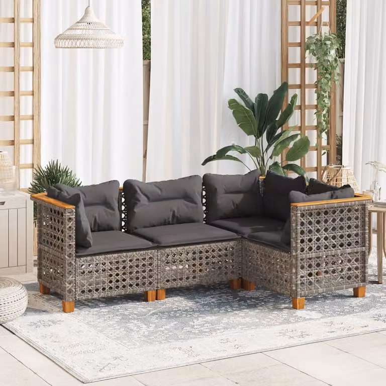 vidaXL Set Divani da Giardino 4 pz a L in Polyrattan e Legno di Acacia Grigio con Cuscini Inclusi