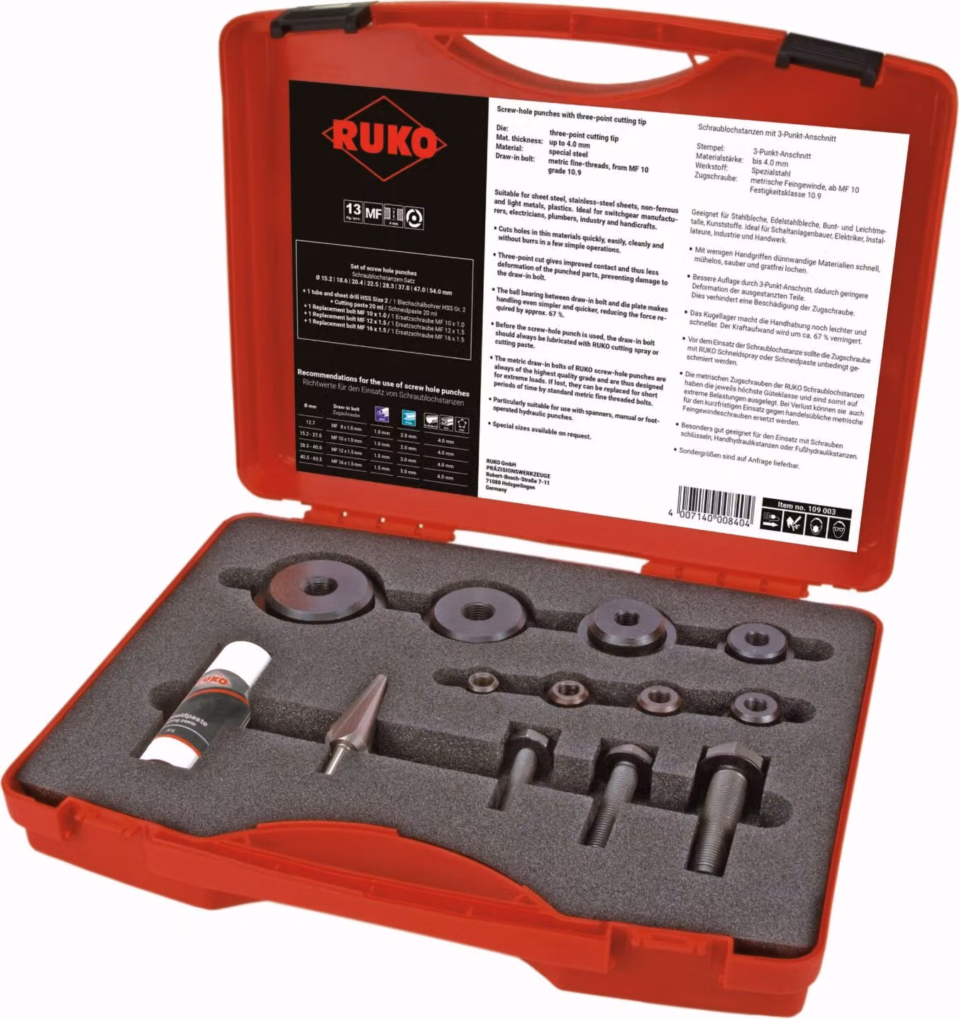 Set di punzoni per fori filettati RUKO in valigetta di plastica - 13 pezzi - 109003