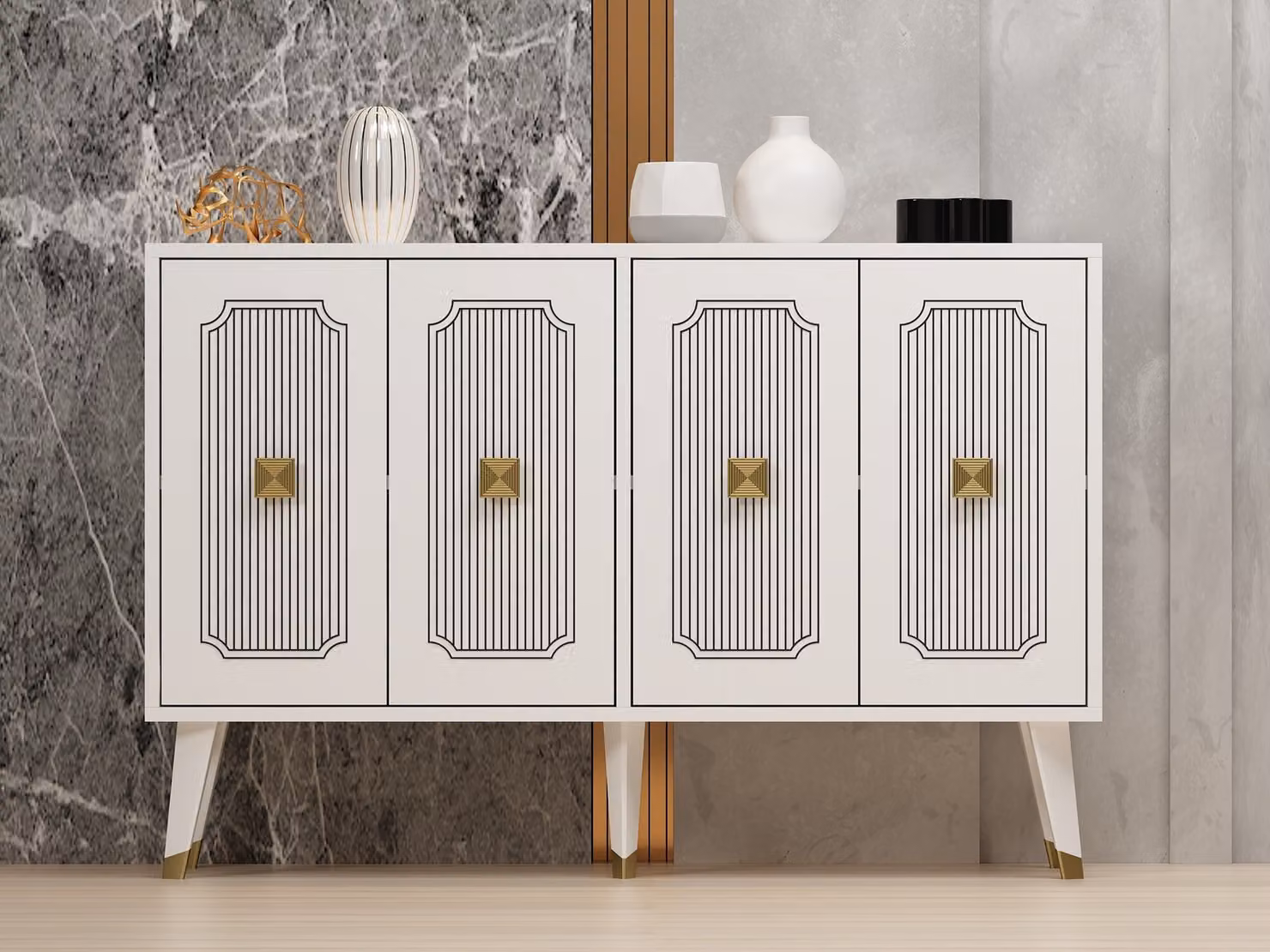 Skye Decor, Derasi - Bianco, Oro, Consolle, Bianco, 100% PANNELLI DI PARTICELLE RIVESTITI IN MELAMMINA, 120 x 30 x 80 cm
