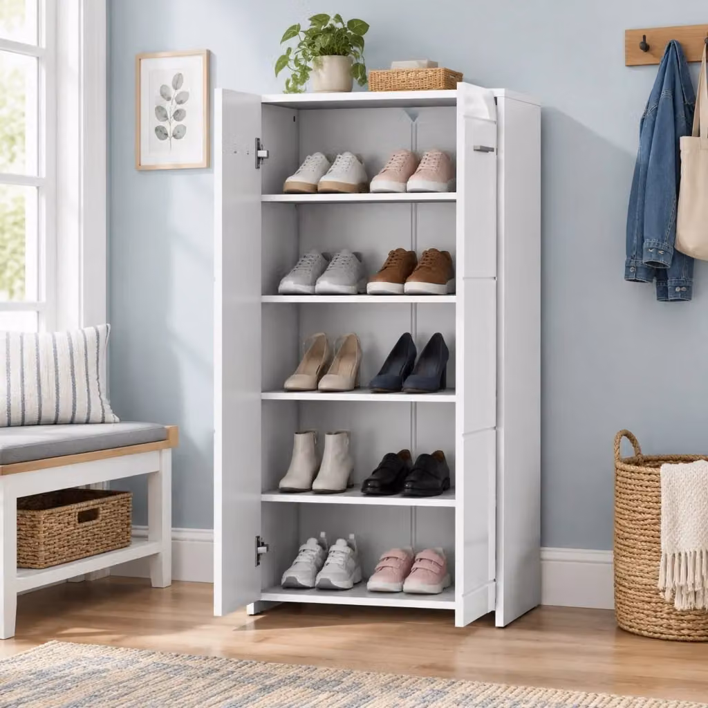 Scarpiera moderna con ante e 3 ripiani regolabili in MDF bianco lucido per ingresso, camera o soggiorno, L: 55 cm, P: 36 cm, H: 108 cm – 2