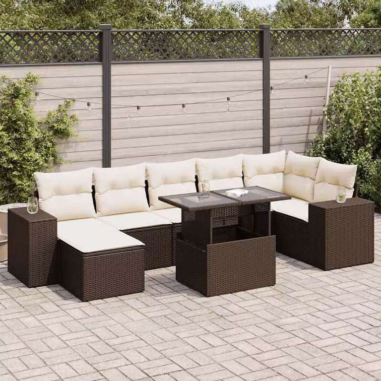 Set Divani da Giardino vidaXL 8 Pezzi in Polyrattan Marrone con Cuscini e Tavolino da Esterno