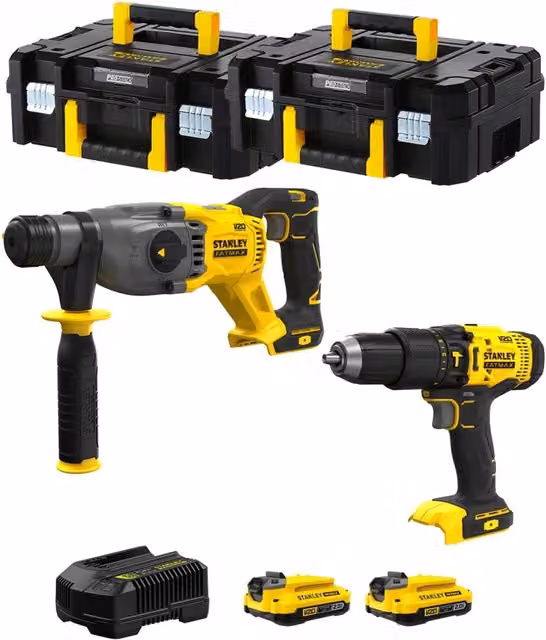 Kit Stanley FatMax SVK200 Giallo con Avvitatore SFMCH900, Trapano SFMCD711, 2 Batterie da 2,0 Ah, Caricabatteria e 2 Contenitori TSTAK II