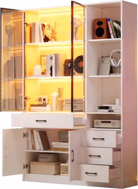 Libreria vetrina con 2 porte in vetro; 4 cassetti; 13 spazi di contenimento; LED; per soggiorno; 120 × 35 × 200 cm