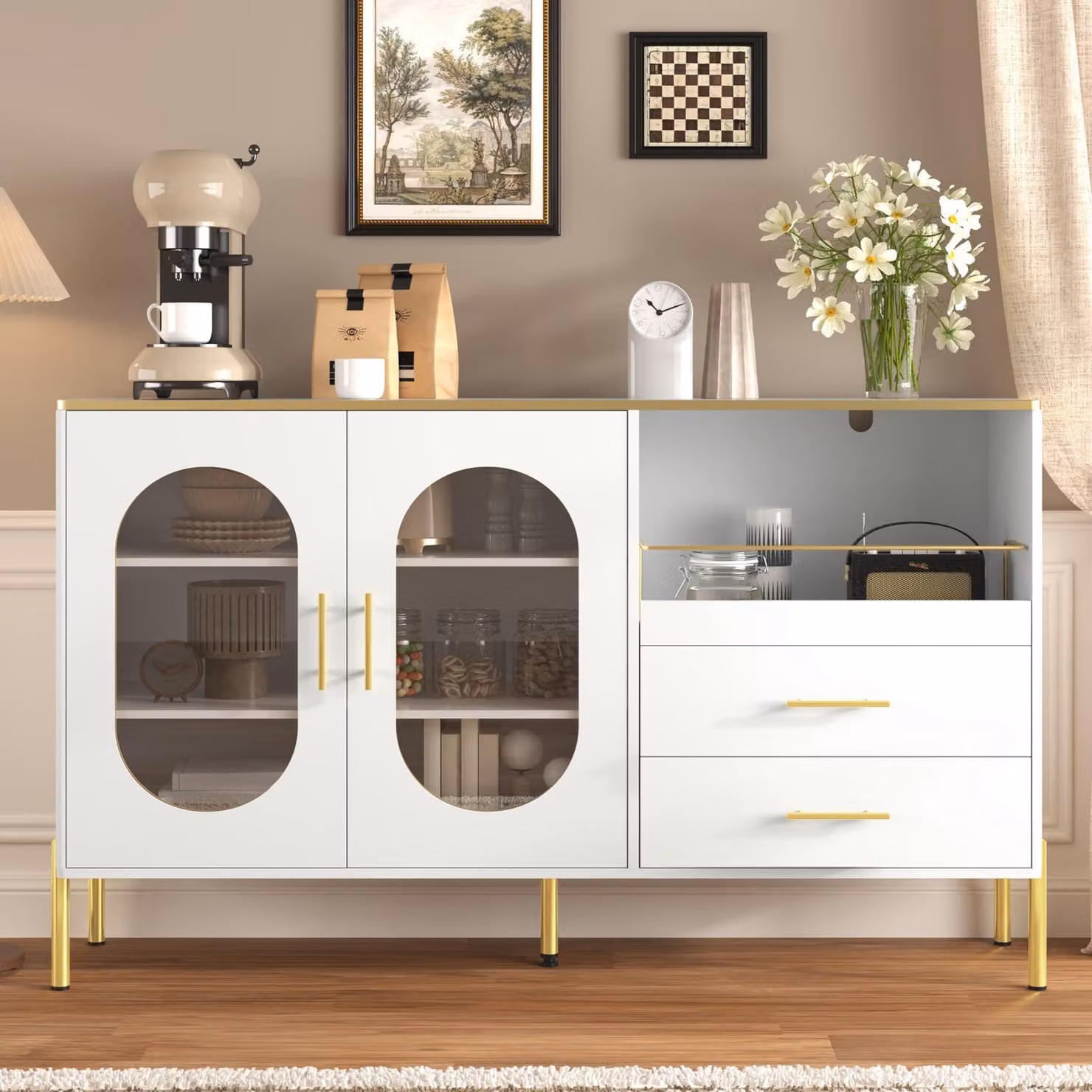 Credenza Merax 140x38x90cm bianca con ante in vetro, cassettiera con cassetti e accenti dorati, elegante cassettiera con gestione dei cavi e spazio di archiviazione per soggiorno, sala da pranzo e corridoio