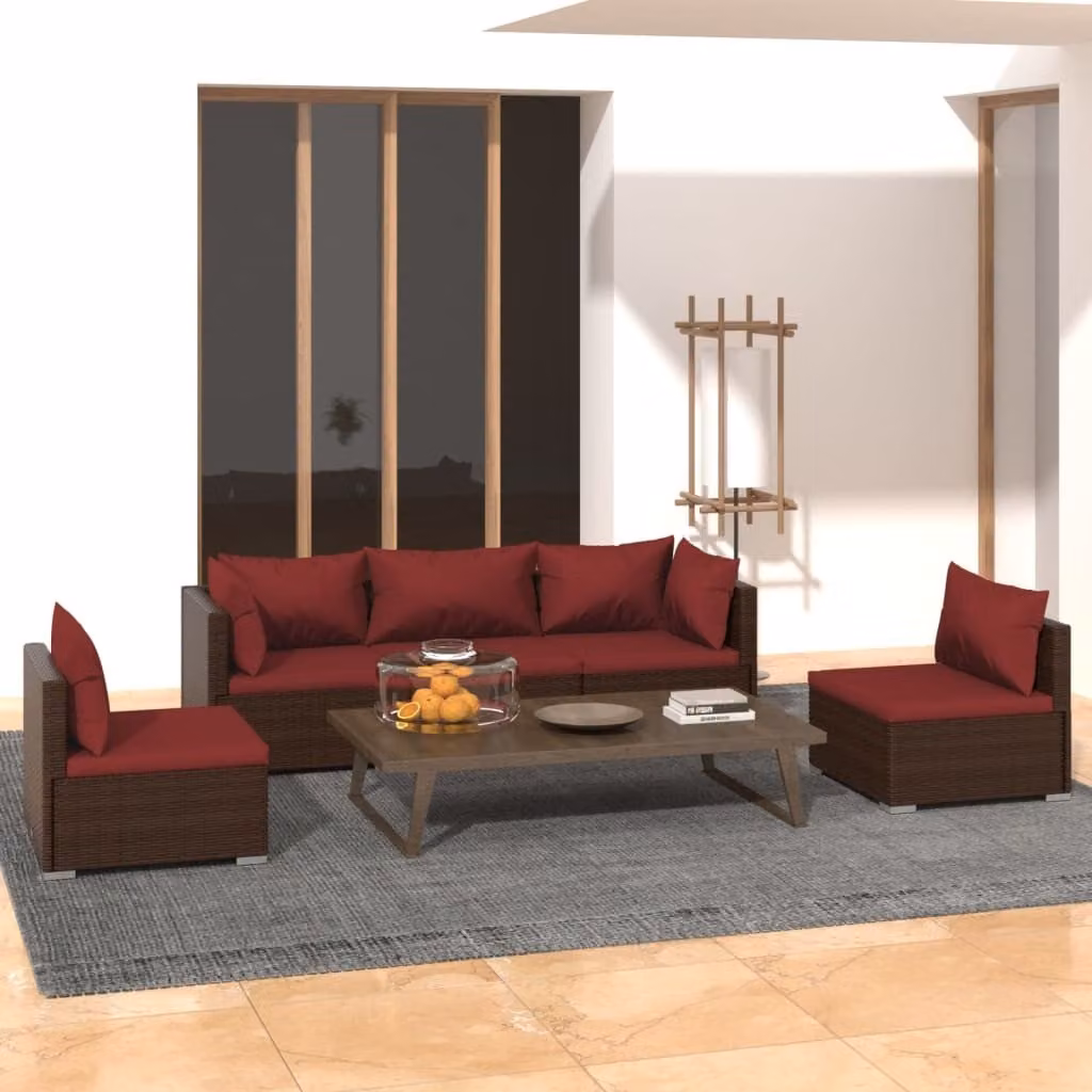 The Living Store Set da giardino 5 pezzi con cuscini in poly rattan marrone