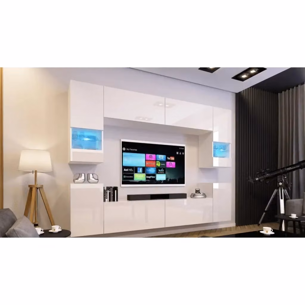 Set di mobili da soggiorno sospesi Meublorama collezione CEPTO XXVII, bianco lucido, modulare con illuminazione LED integrata, 8 pezzi, L: 240 cm – 2