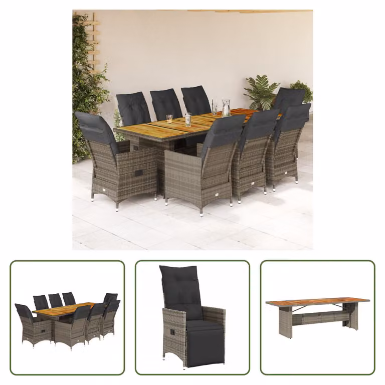 The Living Store Set bistrot da giardino 9 pezzi con cuscini in poly rattan grigio