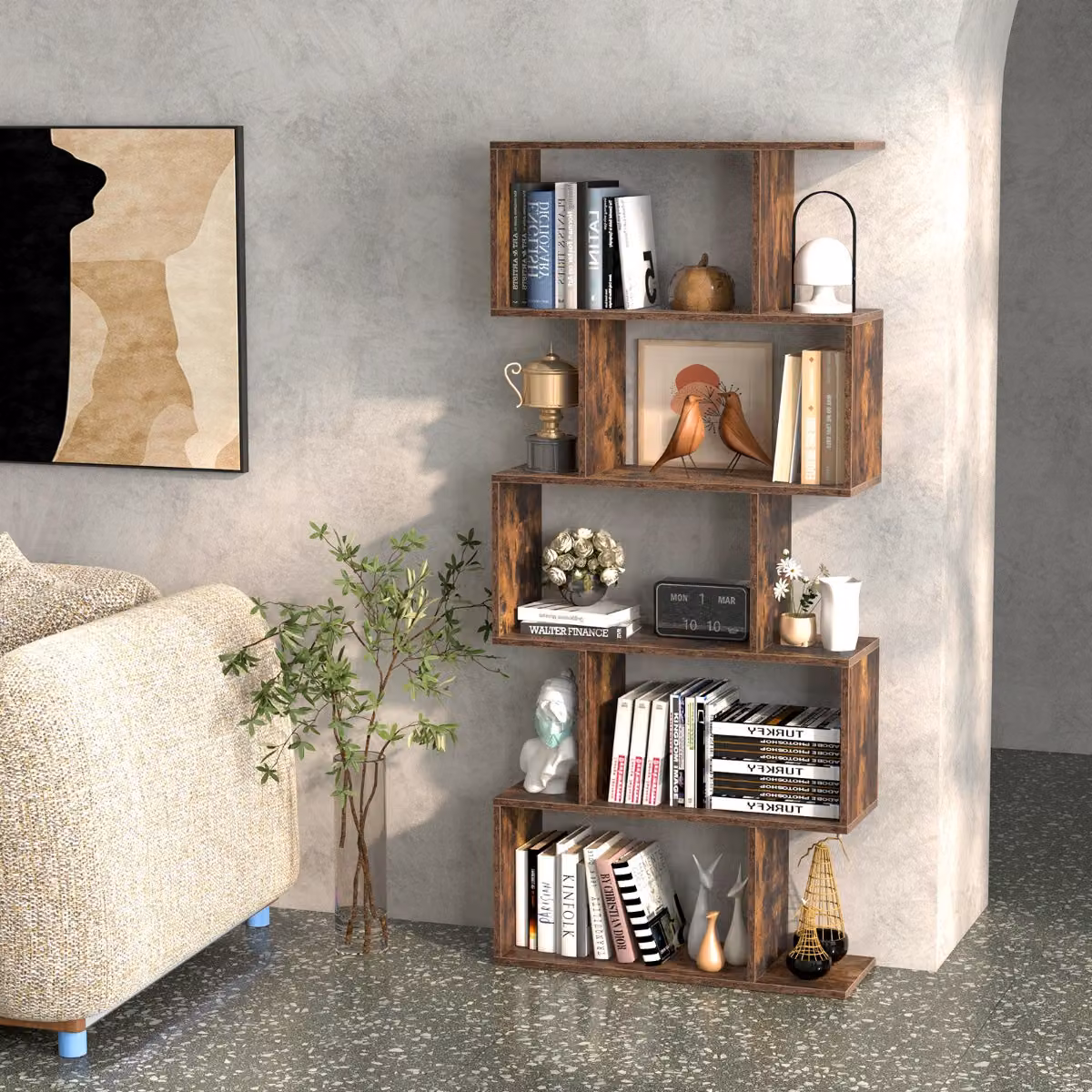 Scaffale Costway con 5 ripiani a forma di S, Libreria geometrica moderna in legno marrone con dispositivo antiribaltamento
