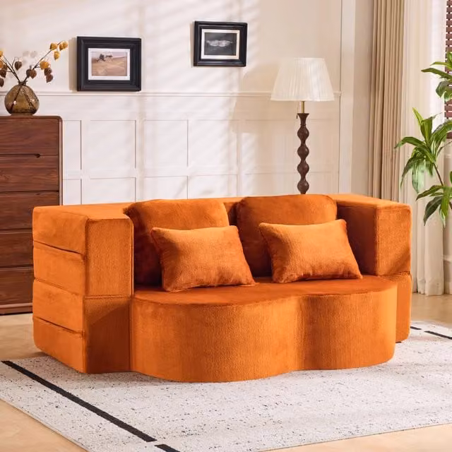 Divano letto da pavimento pieghevole arancione in tessuto plush con 4 cuscini