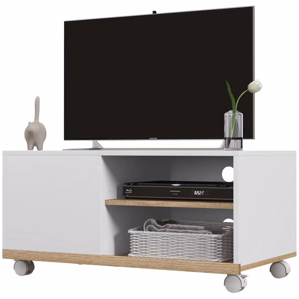 Mobile TV Xylo con ruote bianco e legno rovere L: 80 cm, P: 45 cm, H: 41 cm – 2