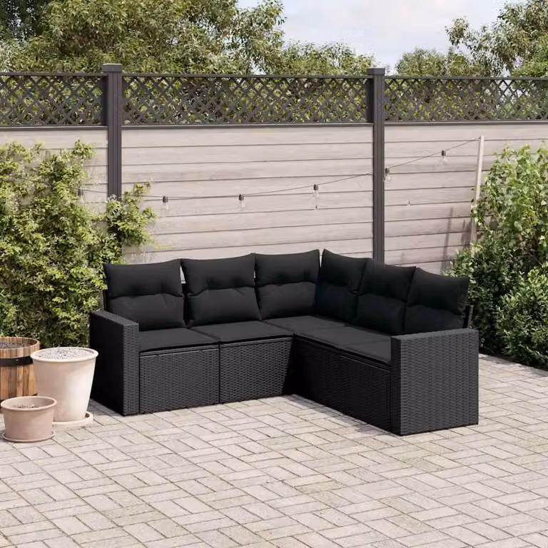 vidaXL Set Divani da Giardino a L 5 pz in Polyrattan Nero con Cuscini e Rivestimenti Rimovibili