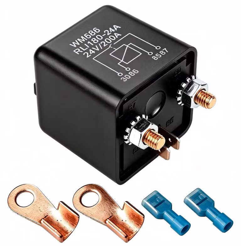 Relè autoritornante 24V DC, 200 Ampere, con piedino a 2 pin e terminali