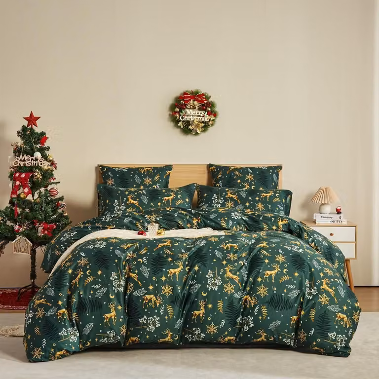 Set di lenzuola natalizie, 220x240 cm, verde, con motivo di renna natalizia, in microfibra. Include 2 federe da 80x80 cm