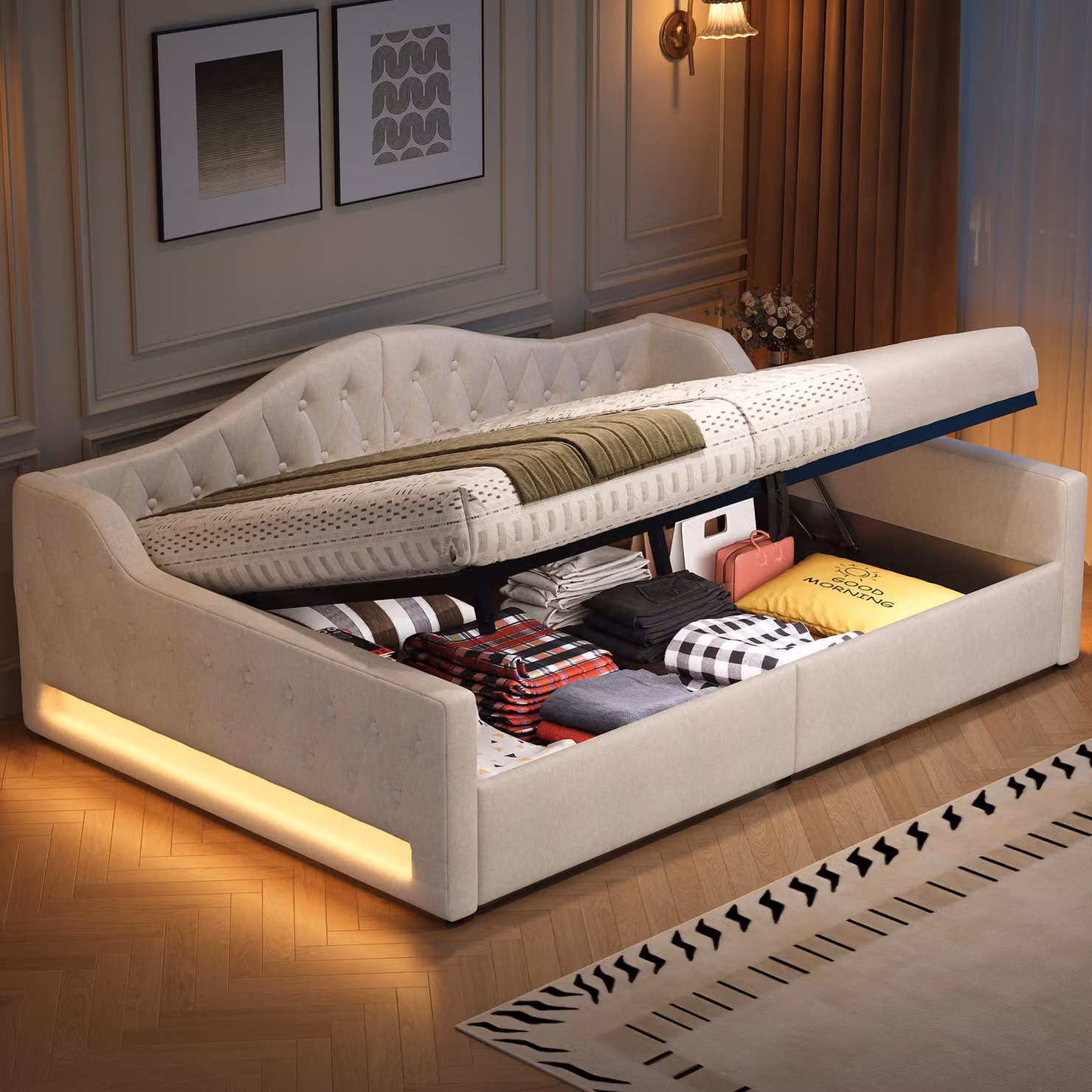 okwish Letto pieghevole 140x200, letto da giorno con illuminazione a LED a 7 colori regolabili e vano contenitore sotto il letto, letto per bambini con struttura in legno, letto aggiuntivo senza materasso, beige