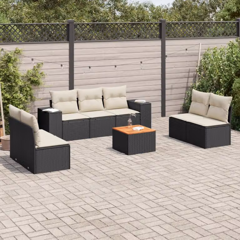 Set Divani da Giardino vidaXL in Polyrattan Nero con Cuscini e Tavolino da Esterno 8 pz