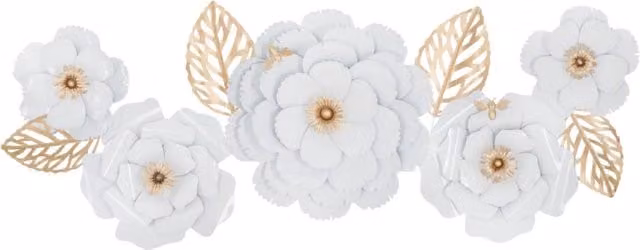 Pannello da muro decorativo Vikasa Home White Decor con motivi floreali bianchi e foglie oro in metallo L: 158 cm, H: 60 cm