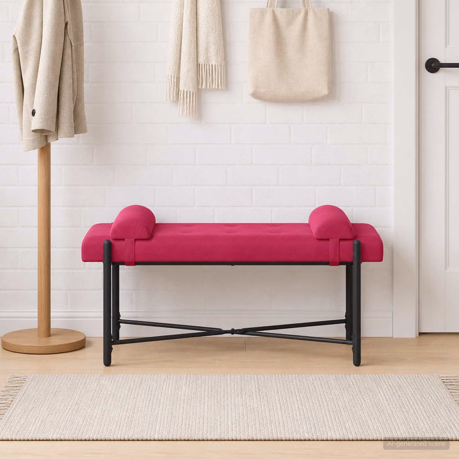 Panchina moderna vidaXL in velluto con bottoni e cuscini, colore Rosso Vino, L 110 x P 40 x H 46 cm
