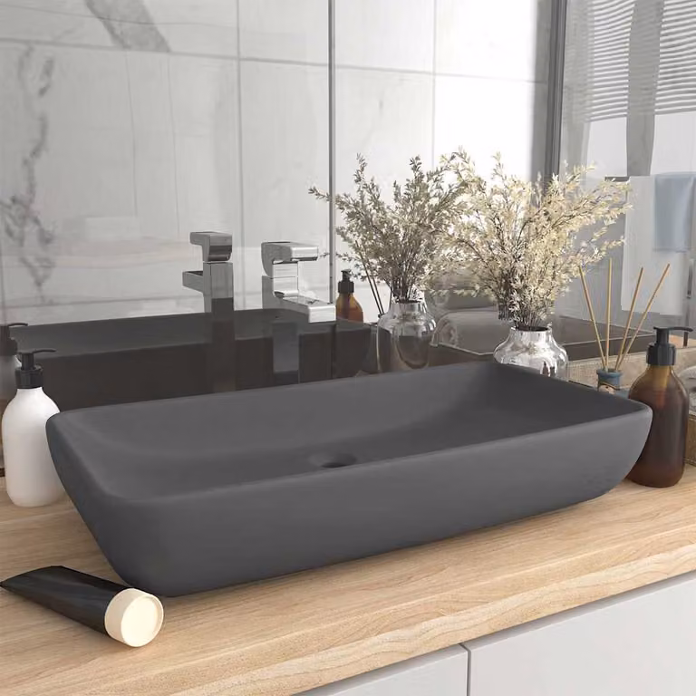 Lavabo da appoggio rettangolare vidaXL in ceramica grigio scuro opaco L: 71 cm, P: 38 cm, H: 13,5 cm
