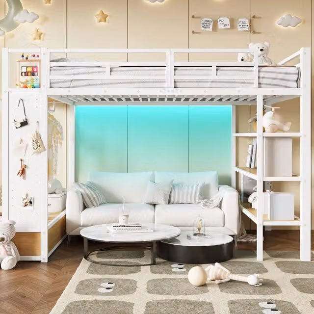 Letto a soppalco 140x200 cm con armadio aperto; ripiani; pannello forato e LED; bianco