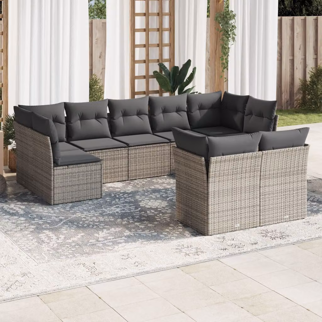 vidaXL Set Divano da Giardino 9 pz in Polyrattan Grigio con Cuscini e Ottoman – 1