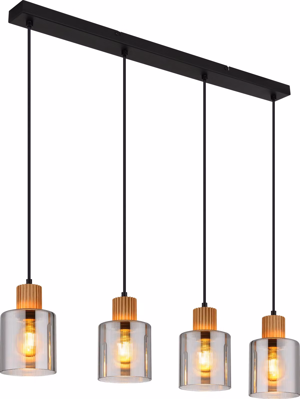 Lampada a sospensione Globo Lighting, struttura in metallo nero opaco, elementi in legno marrone scuro e vetro fumé, cavo in PVC nero, altezza regolabile, dimensioni: 780x120x1200 mm, esclusa lampadina: 4 x E27, 25W, 230V