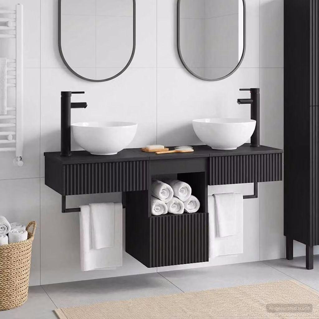 Set di mobili per il bagno moderno vidaXL in 3 pezzi nero opaco in legno MDF sospeso