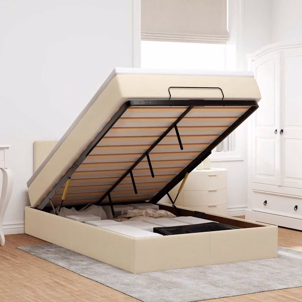Letto con contenitore a sollevamento e materasso vidaXL in tessuto beige e bianco L/P/H: 200 x 120 x 88 cm – 1