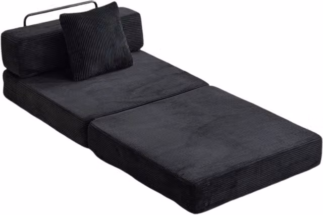 Divano Letto Pieghevole in Panno Vellutato Nero con Supporto Schienale e Bracciolo, Letto Singolo Convertibile per Soggiorno e Camera