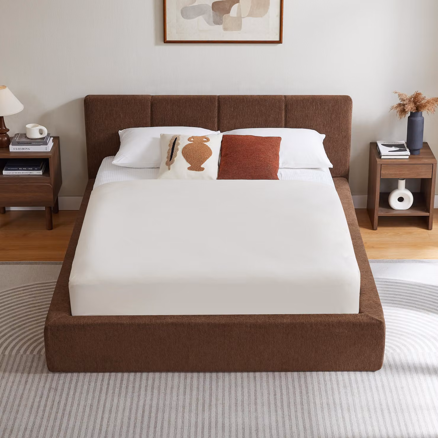 Letto imbottito 140x200 cm con testiera imbottita, struttura in acciaio rinforzata e sistema di supporto, senza rete a molle, facile da montare