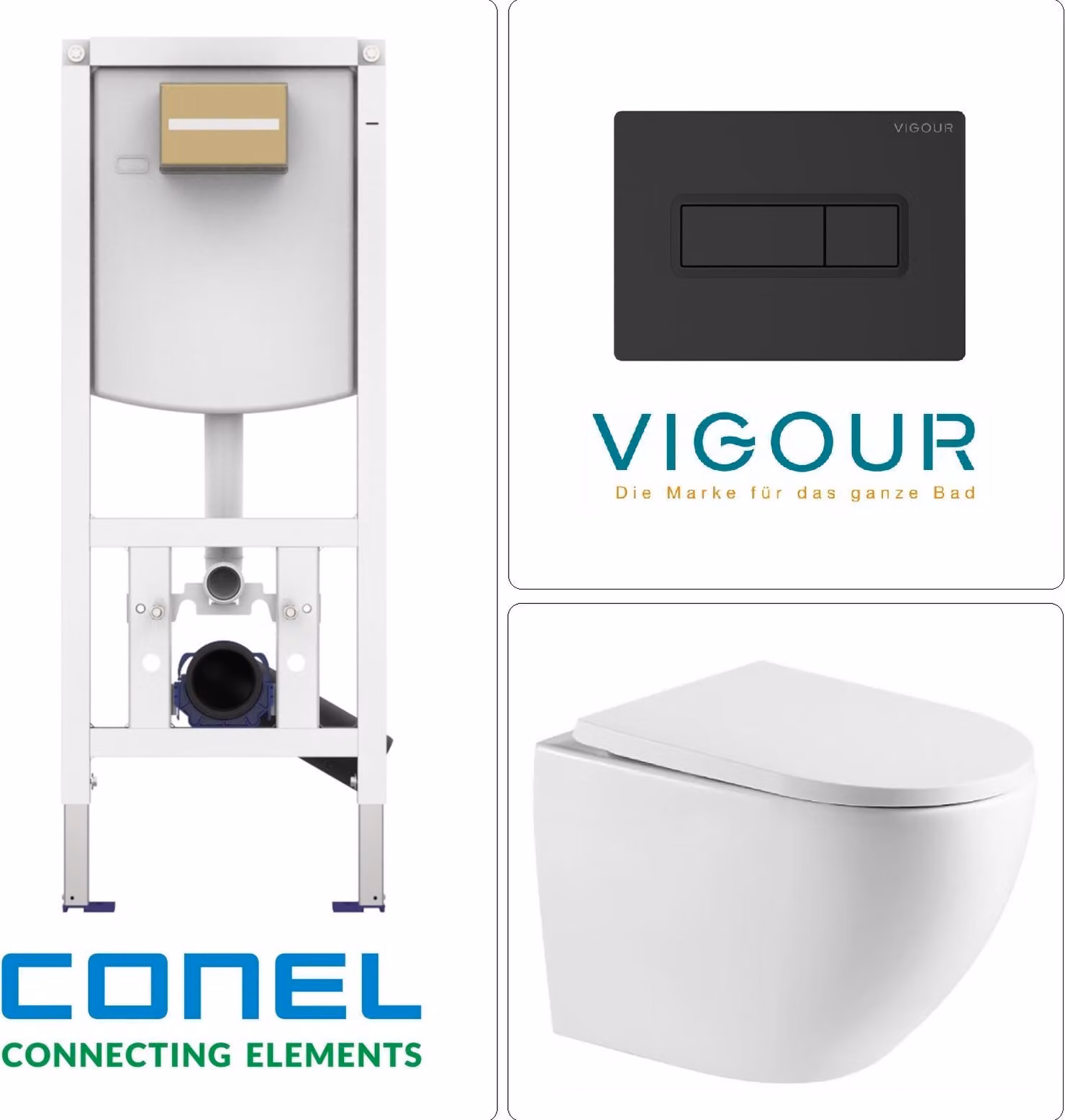 WC sospeso con scarico Tornado, sedile WC SoftClose ed elemento a parete CONEL con placca di comando VIGOUR TEES, nero opaco