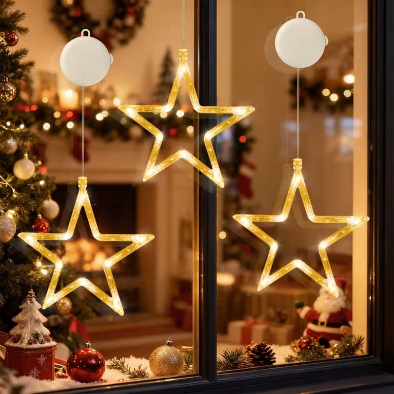 Tenda luminosa a LED, confezione da 3 pezzi, 10 LED per tenda, luce bianco caldo, alimentazione a batteria, con timer