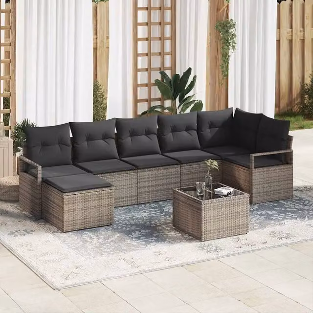 Set di divani da giardino vidaXL in rattan e metallo con cuscini, 8 pezzi, Grigio – 1