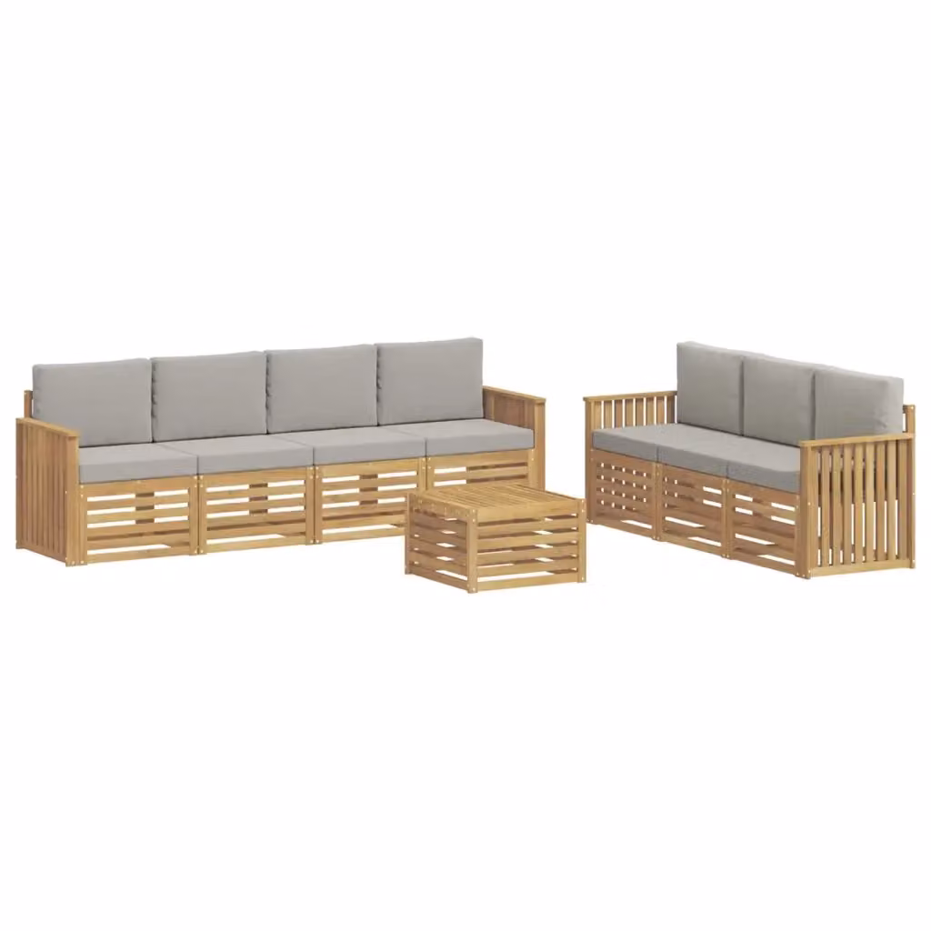 Set da giardino moderno vidaXL composto da divano a 3 posti, poltrone, tavolino da caffè e pouf in legno di acacia con cuscini bianchi e grigi – 2