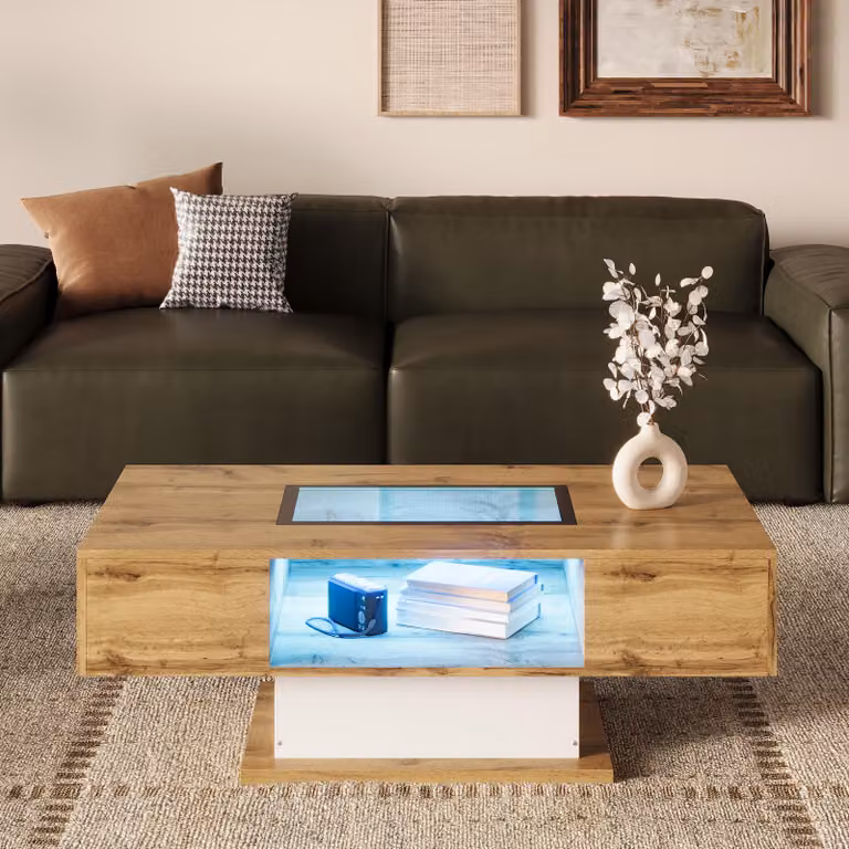 MODFU tavolino da salotto con illuminazione a LED, tavolino rettangolare e tavolino da divano con piano in vetro e cassetti, naturale