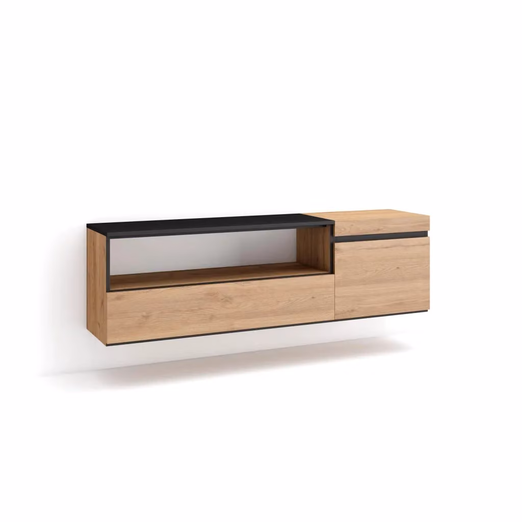 Mobile TV da appendere SKRAUT HOME per soggiorno, moderno, colore Rovere e nero, L 150 cm x P 35 cm x H 45 cm – 2
