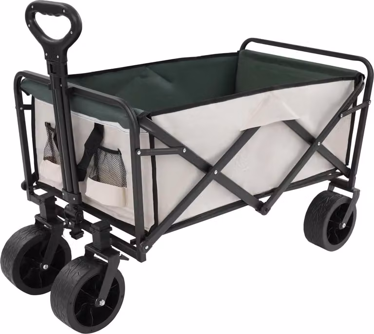 Carretto pieghevole - Carretto da spiaggia e da campeggio - Portata 115 kg - Quattro ruote Ø 20 cm - Manico regolabile 74–98 cm - Telaio in acciaio ad alto tenore di carbonio, poliestere 800D - Colore kaki