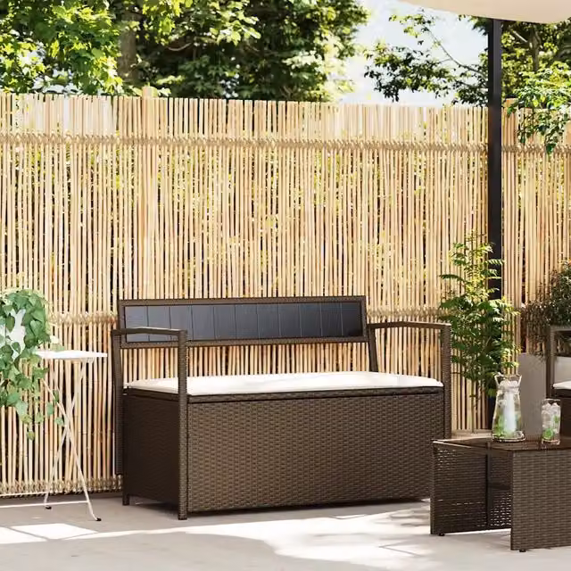 Panca Portaoggetti da Giardino con Cuscino-Sgabello-Panca con Contenitore Marrone Polyrattan 922796
