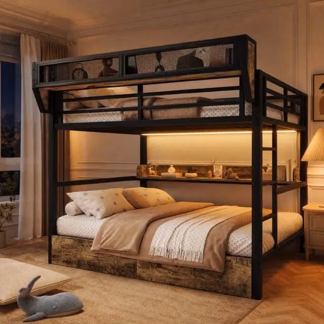 Letto a soppalco con struttura in ferro 140x200 cm, con mensola, cestino portaoggetti, 2 cassetti in ferro e luce LED, nero