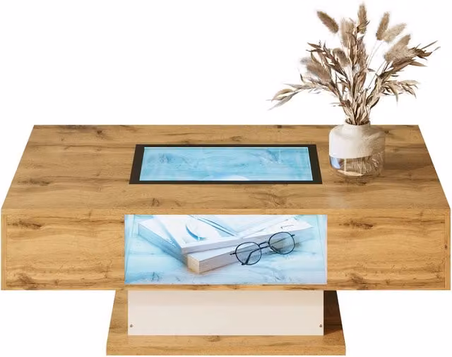 Tavolino da salotto con vetro, 2 cassetti e luce LED a cambio colore