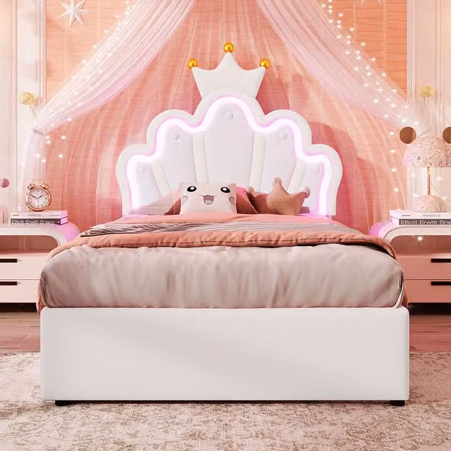 Letto bambino-Xylo-90x200 cm-2 cassetti, LED, testiera corona, PU bianco
