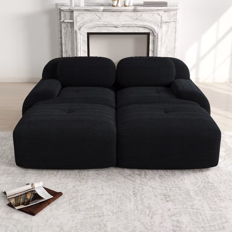 Divano a due posti, colore nero, modello modulare angolare senza telaio, combinabile con chaise longue, dimensioni 208x178x70 cm, imbottitura in schiuma 32D per una forma stabile