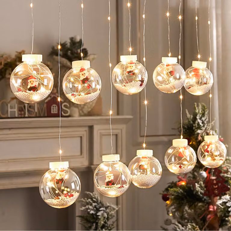 Catena luminosa con 10 sfere, diametro 8 cm, 150 LED bianco caldo, 8 modalità, 9 W, lunghezza 3 metri